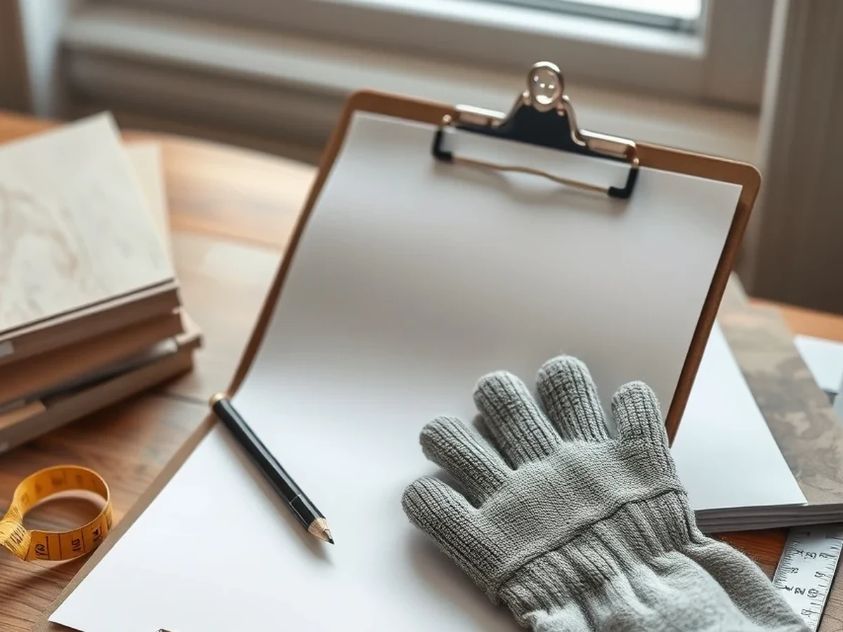 Blank estimate clipboard, work gloves, ruler, tape measure, and material samples