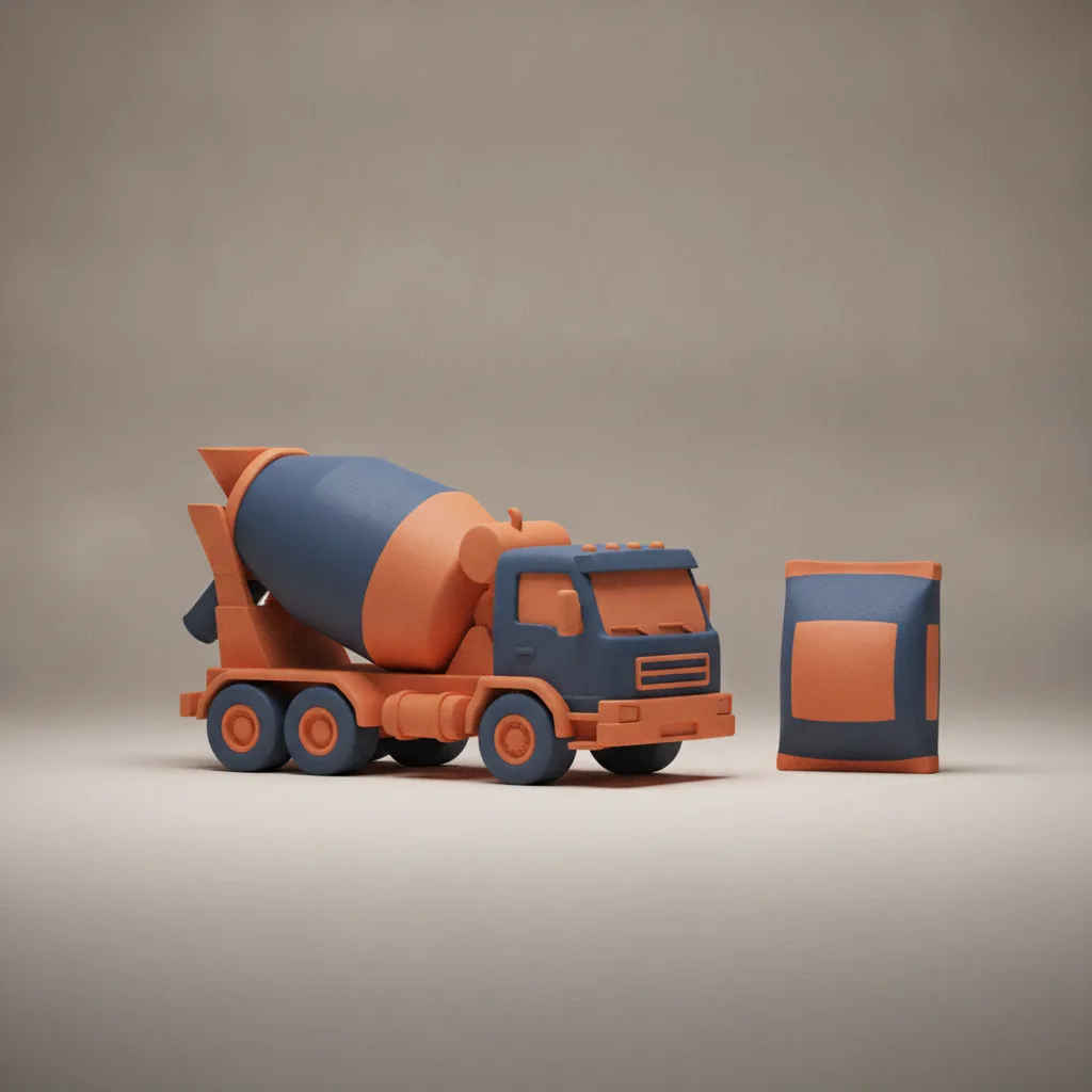 Clay concrete mixer truck beside a single bag of concrete mix
