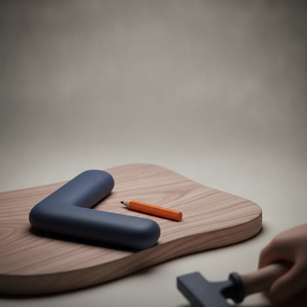 Clay carpenter's square and pencil on a wooden board