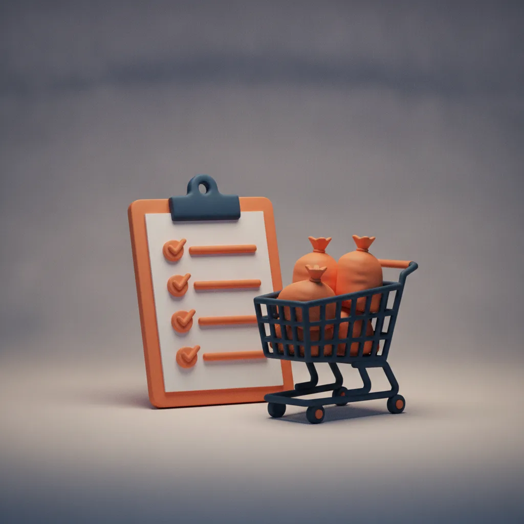 Clay clipboard checklist beside a shopping cart with bags of material