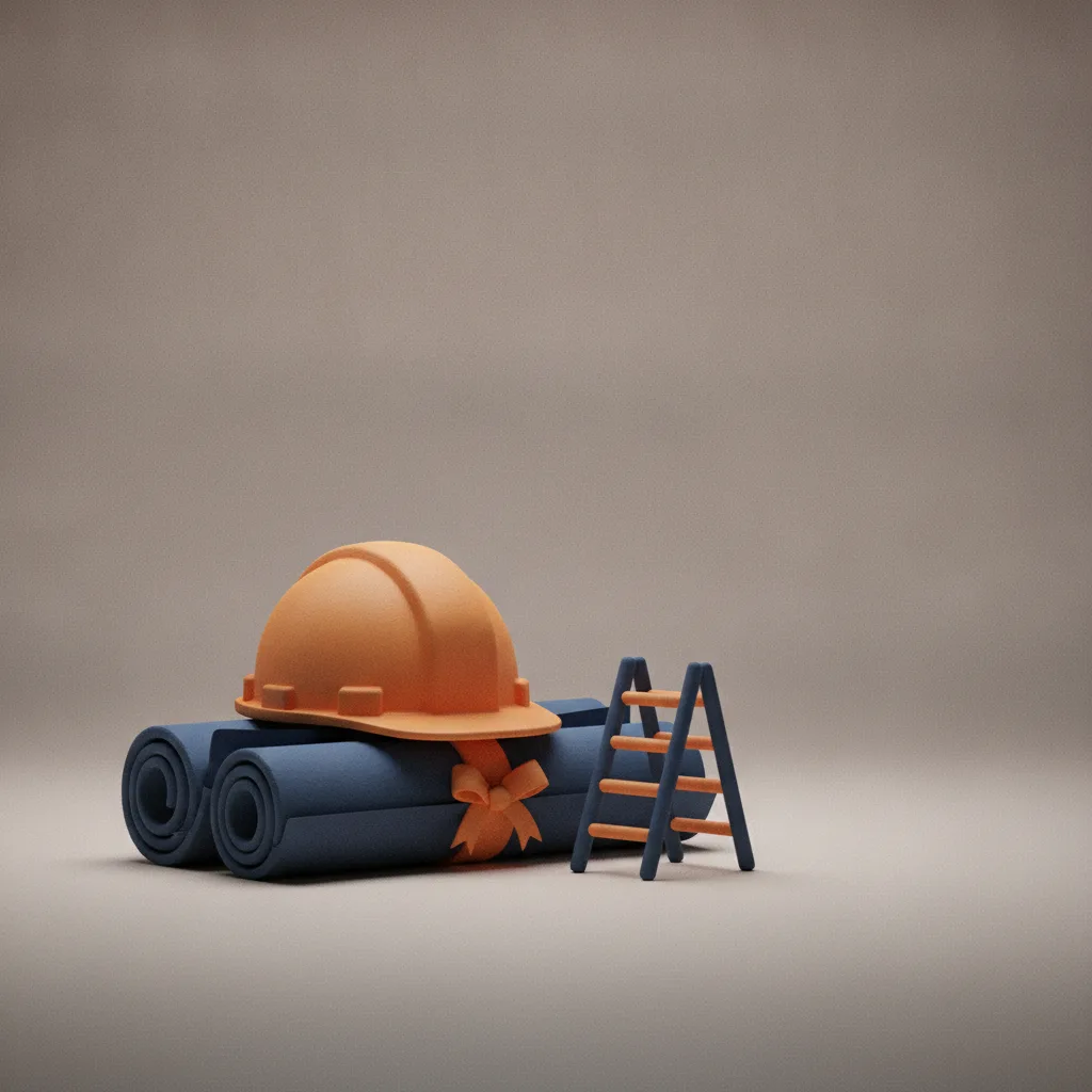 Clay hard hat resting on rolled blueprint plans beside a ladder