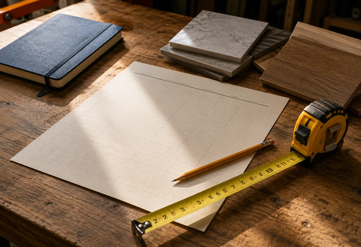 Organized construction material samples and measuring tools on a workshop bench