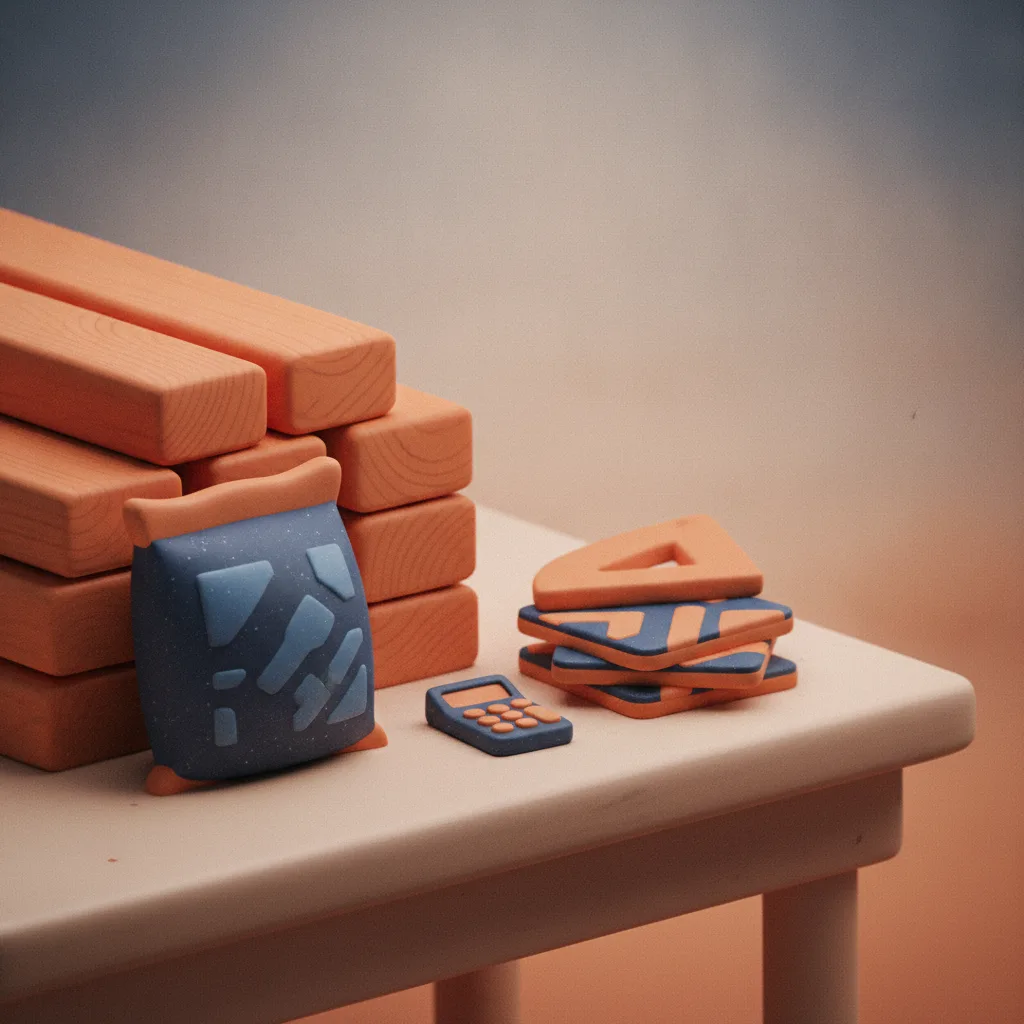 Clay-style stack of lumber, a bag of mix, tiles, a carpenter's square and a calculator on a workbench