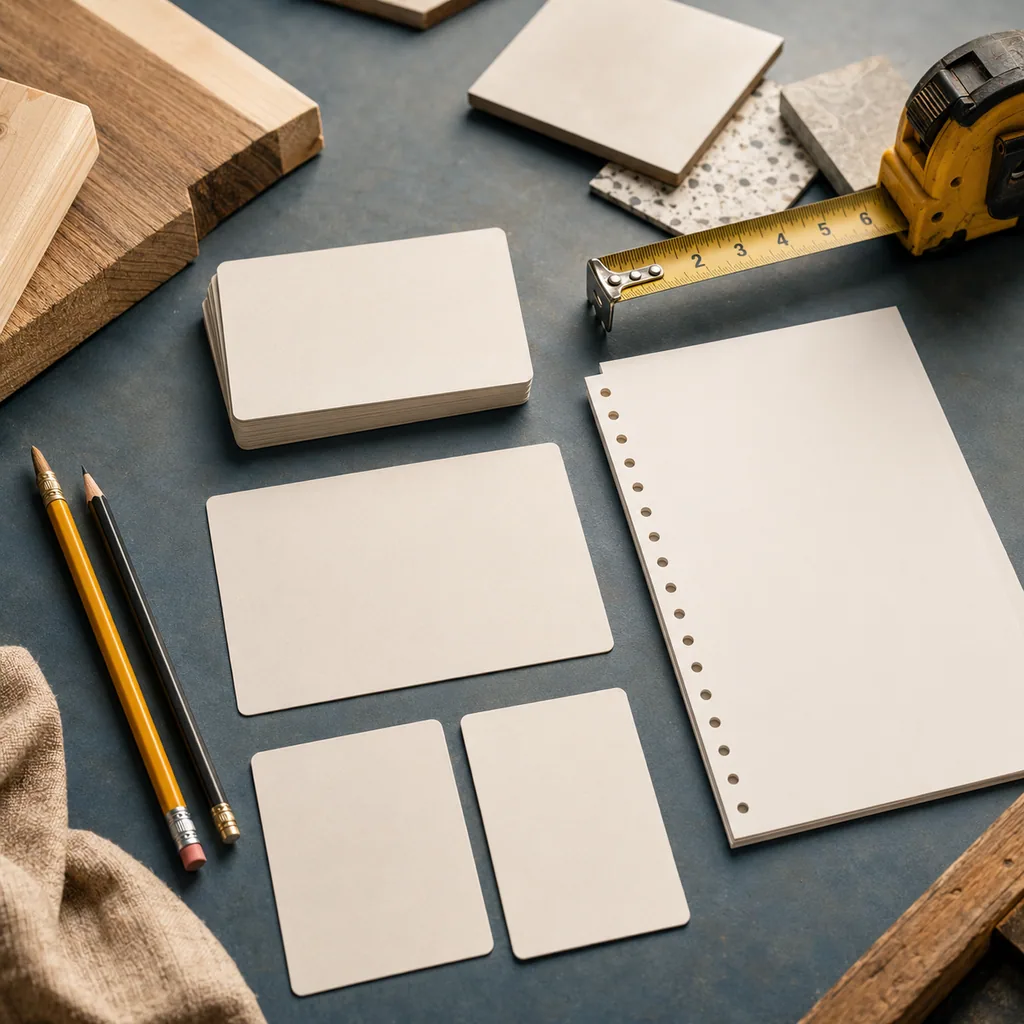 Organized DIY material samples, blank project cards, tape measure, and pencil
