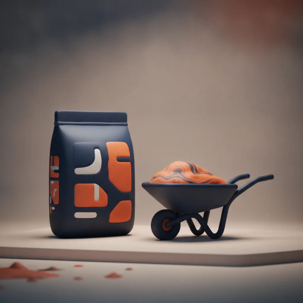 Clay bag of concrete mix beside a wheelbarrow